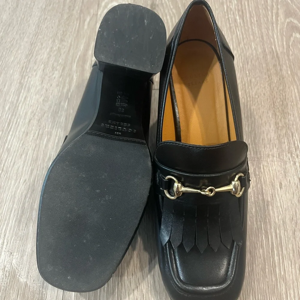 Sézane Black Leather Block Heel Loafers with Gold Hardware